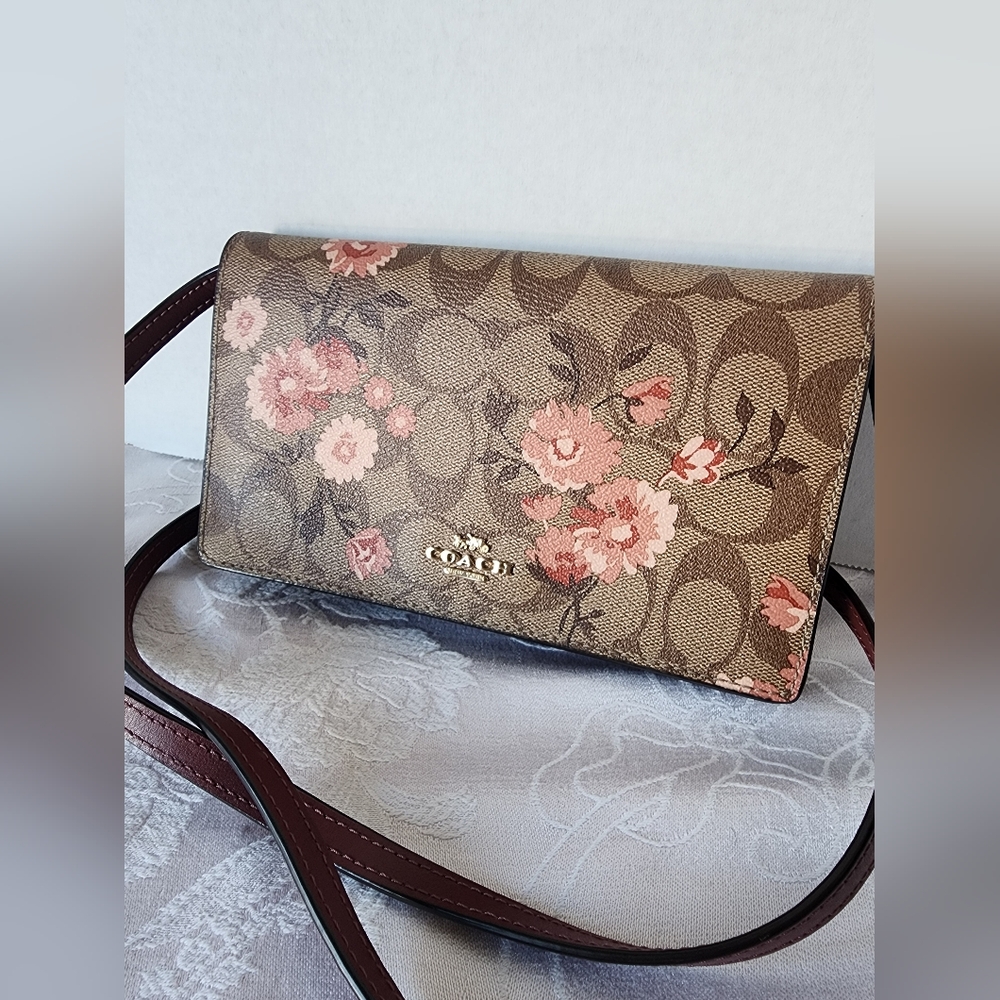 Coach Floral Signature Crossbody Bag in Brown and Pink - Picture 2 of 16